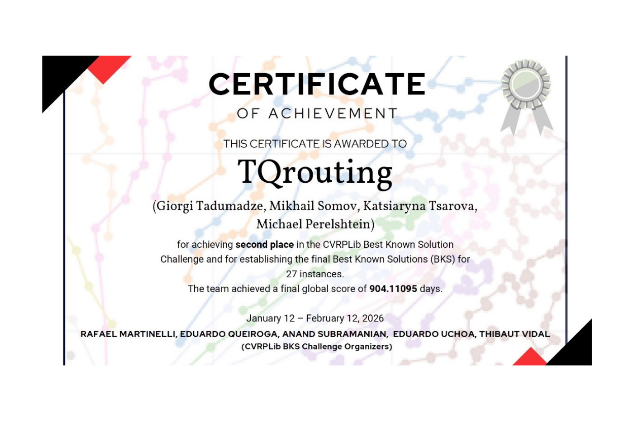 Official Certificate of Achievement issued by the CVRPLib BKS Challenge organizers (January–February 2026).
