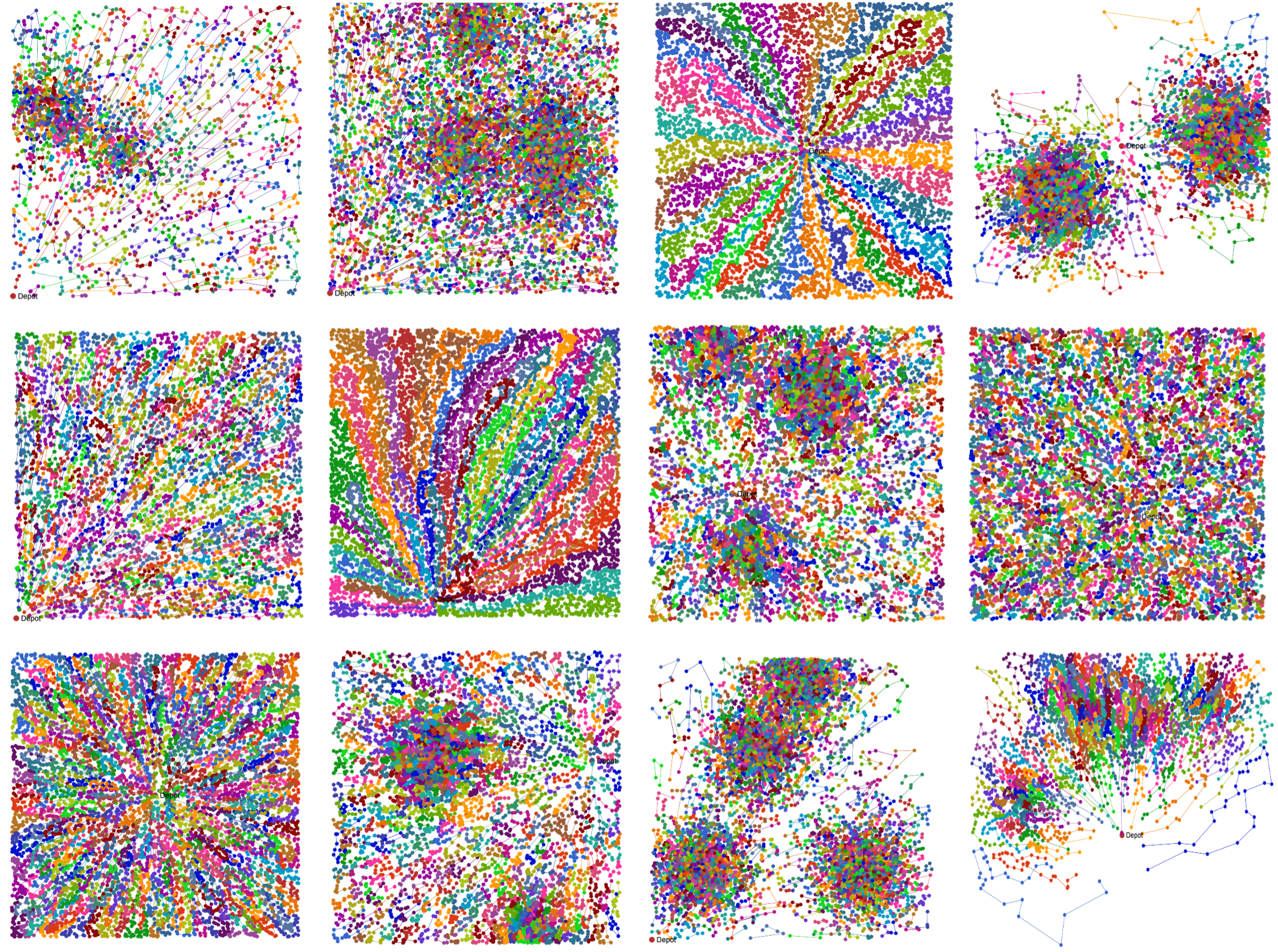Selected BKS solutions from the XL dataset, illustrating the structural diversity of instances solved during the challenge.