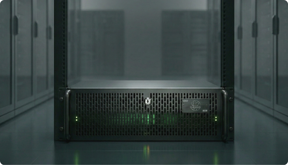 Rack-mounted QKD hardware deployed in a data centre environment